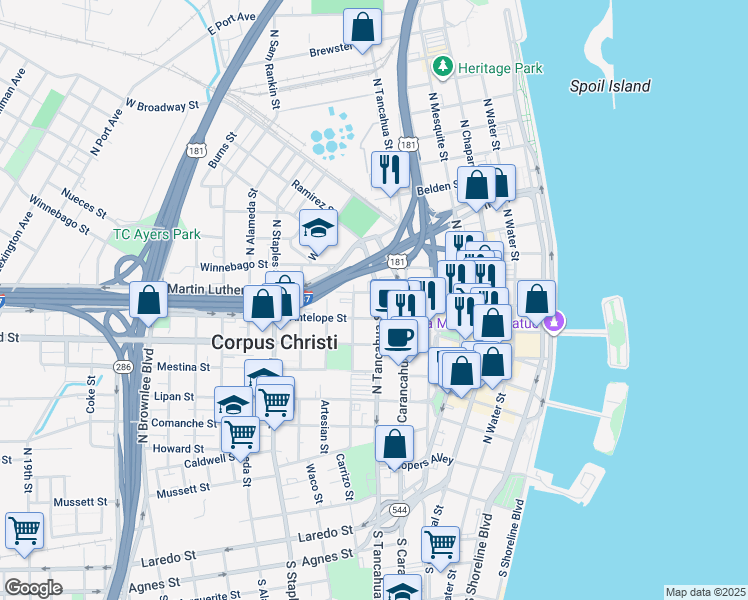 map of restaurants, bars, coffee shops, grocery stores, and more near 802 North Tancahua Street in Corpus Christi