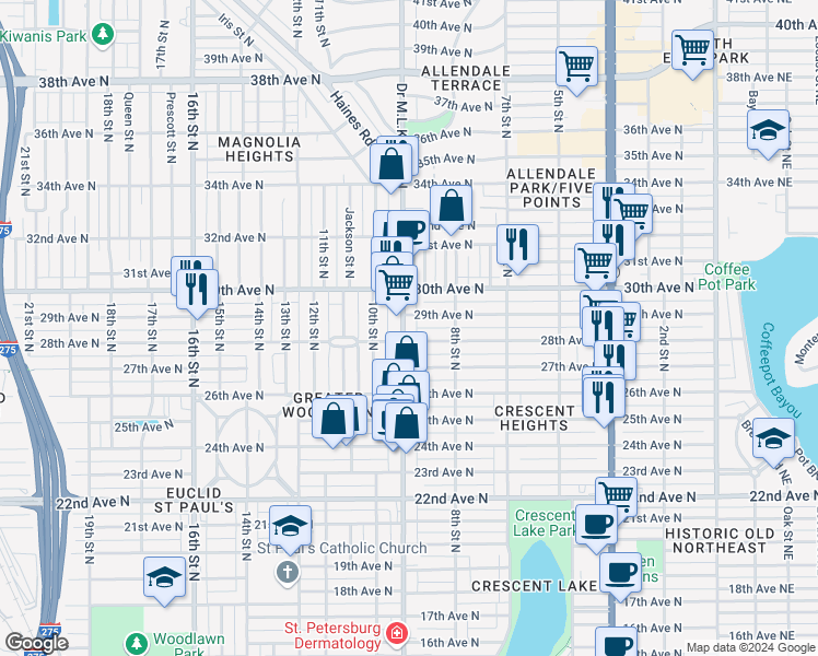 map of restaurants, bars, coffee shops, grocery stores, and more near 2818 Doctor Martin Luther King Junior Street North in St. Petersburg