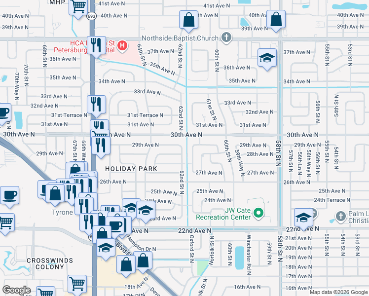 map of restaurants, bars, coffee shops, grocery stores, and more near 2881 62nd Street North in Saint Petersburg