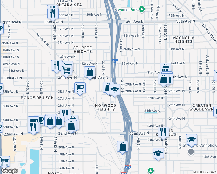 map of restaurants, bars, coffee shops, grocery stores, and more near 2828 22nd Street North in St. Petersburg