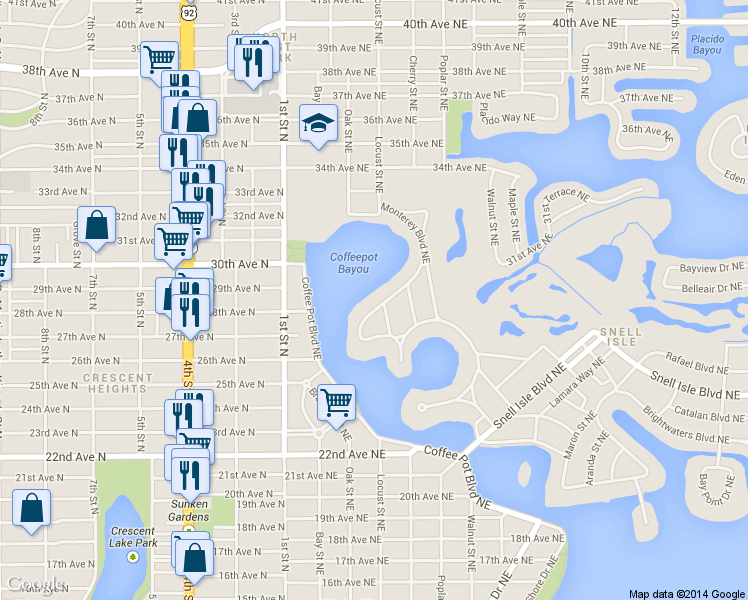 map of restaurants, bars, coffee shops, grocery stores, and more near 1210 Monterey Boulevard Northeast in St. Petersburg