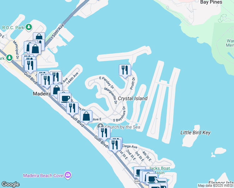 map of restaurants, bars, coffee shops, grocery stores, and more near 14026 East Parsley Drive in Madeira Beach