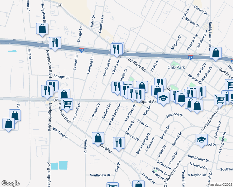map of restaurants, bars, coffee shops, grocery stores, and more near 4521 South Cornelia Circle in Corpus Christi