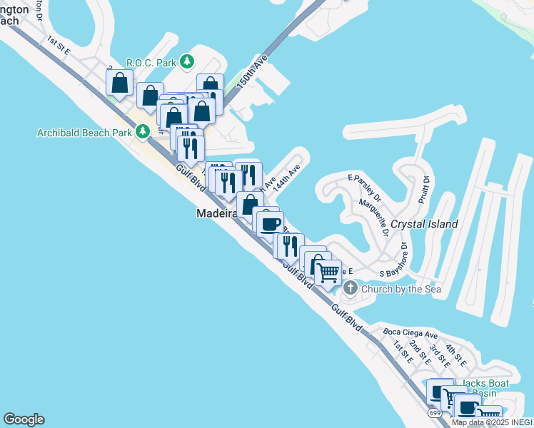 map of restaurants, bars, coffee shops, grocery stores, and more near 136 143rd Avenue in Madeira Beach