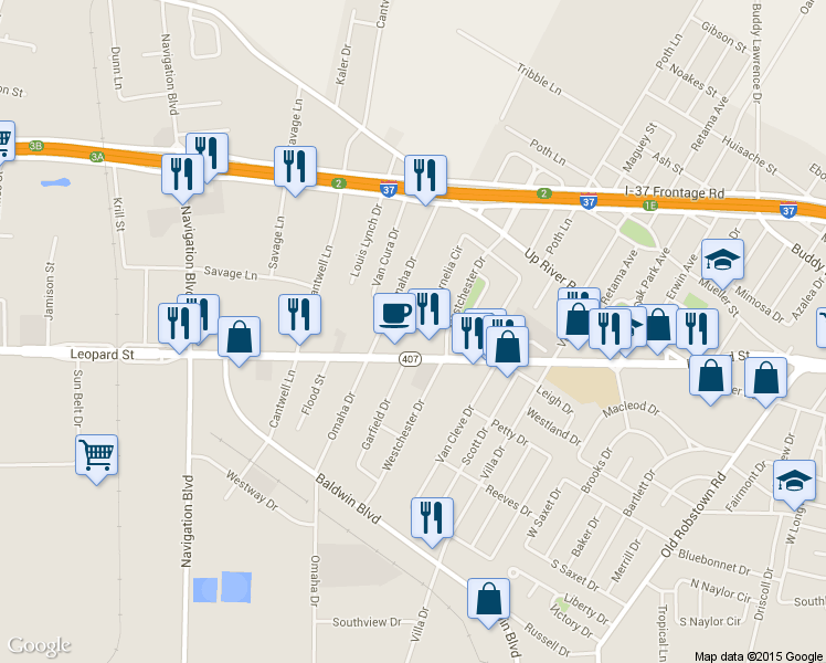 map of restaurants, bars, coffee shops, grocery stores, and more near 4521 South Cornelia Circle in Corpus Christi