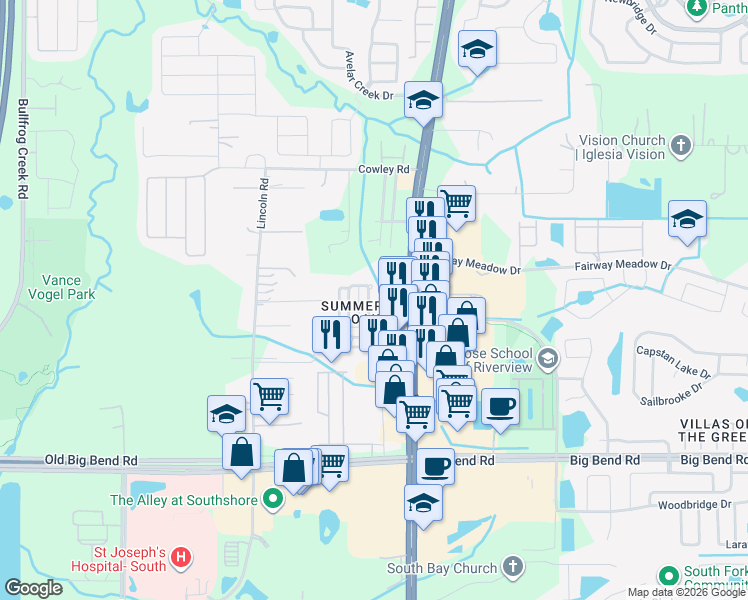 map of restaurants, bars, coffee shops, grocery stores, and more near 10221 Summerview Circle in Riverview