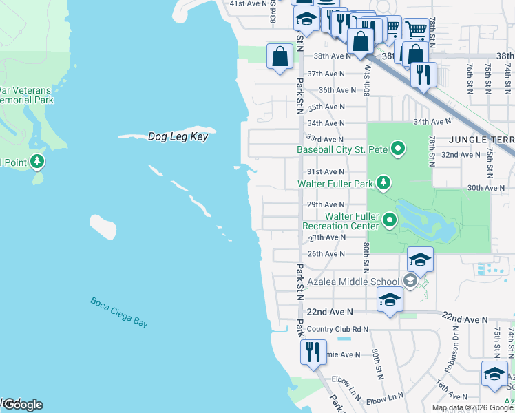 map of restaurants, bars, coffee shops, grocery stores, and more near 2834 Pelham Road North in St. Petersburg