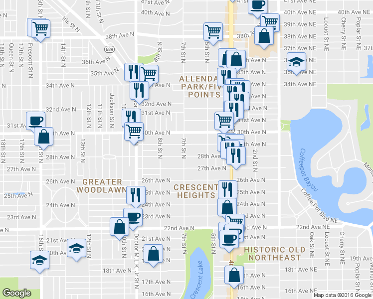 map of restaurants, bars, coffee shops, grocery stores, and more near 2823 7th St N in St Petersburg