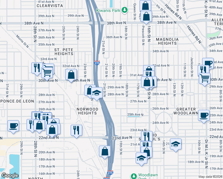 map of restaurants, bars, coffee shops, grocery stores, and more near 2034 29th Avenue North in St. Petersburg