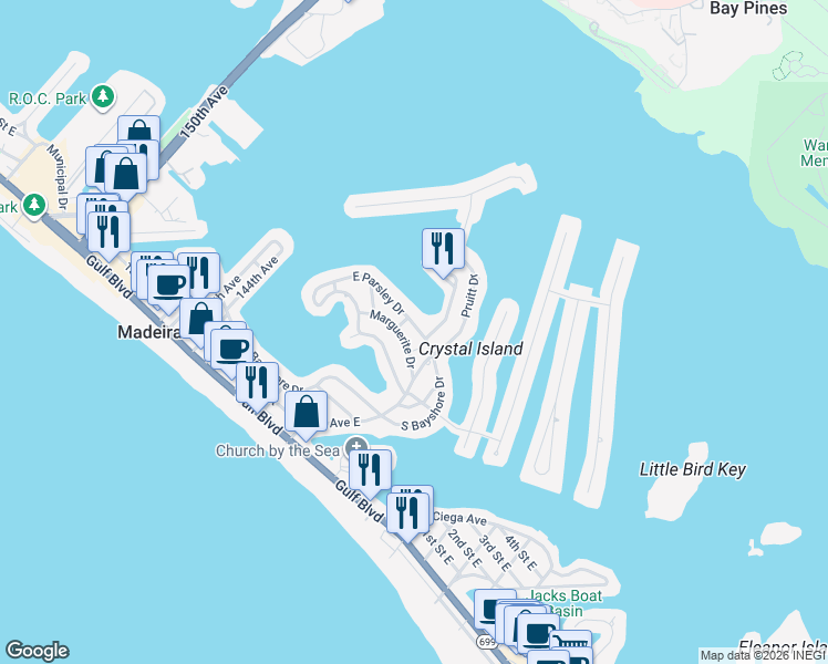 map of restaurants, bars, coffee shops, grocery stores, and more near 14022 East Parsley Drive in Madeira Beach