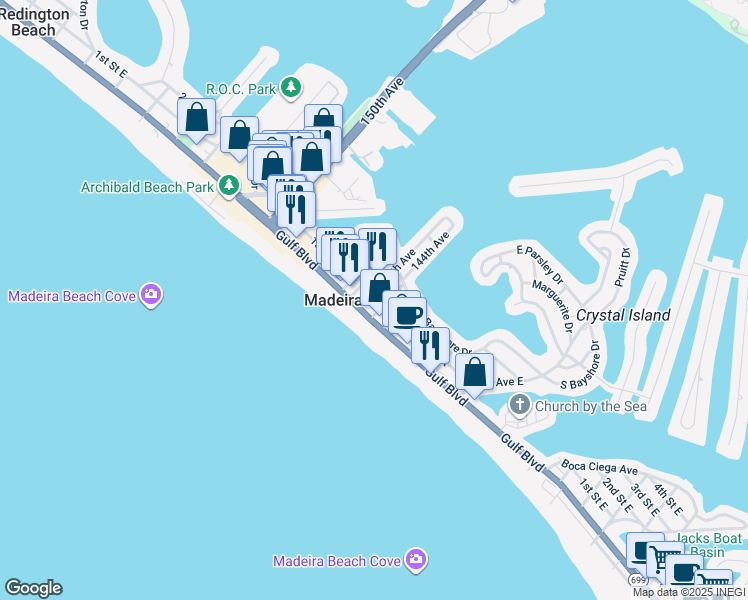 map of restaurants, bars, coffee shops, grocery stores, and more near in Madeira Beach