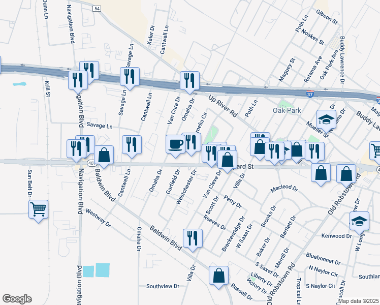 map of restaurants, bars, coffee shops, grocery stores, and more near 4521 South Cornelia Circle in Corpus Christi