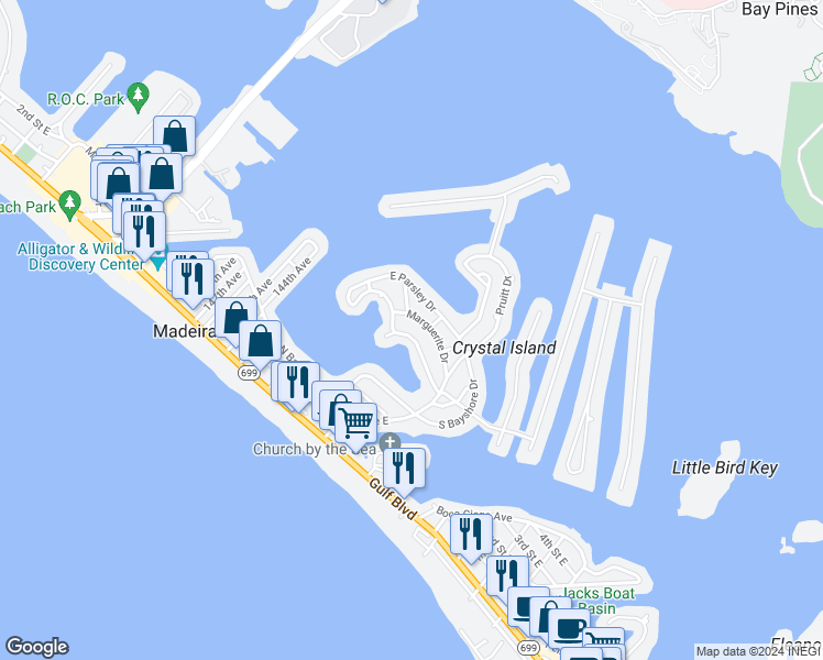 map of restaurants, bars, coffee shops, grocery stores, and more near 14081 Parsley Drive West in Madeira Beach
