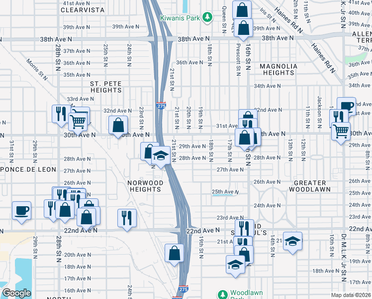 map of restaurants, bars, coffee shops, grocery stores, and more near 2034 29th Avenue North in St. Petersburg