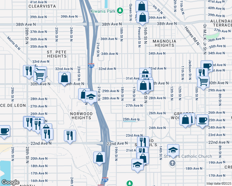 map of restaurants, bars, coffee shops, grocery stores, and more near 1834 29th Avenue North in St. Petersburg