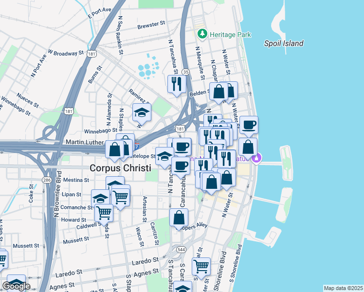 map of restaurants, bars, coffee shops, grocery stores, and more near 802 North Tancahua Street in Corpus Christi