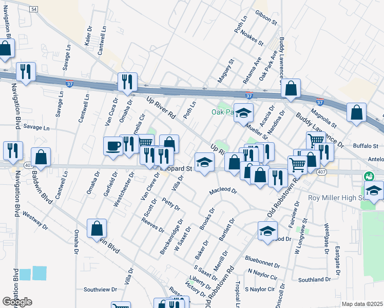 map of restaurants, bars, coffee shops, grocery stores, and more near 725 Villa Drive in Corpus Christi