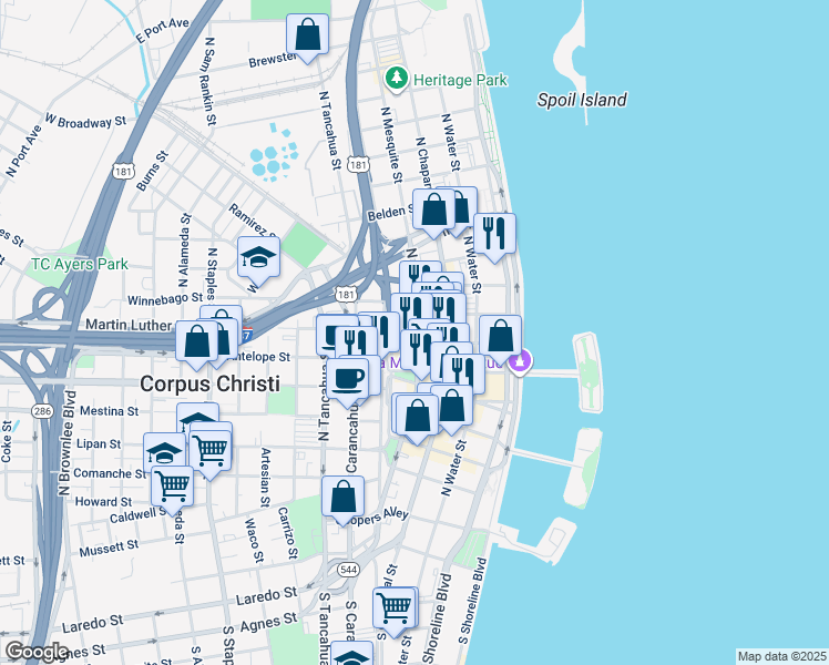 map of restaurants, bars, coffee shops, grocery stores, and more near 705 North Mesquite Street in Corpus Christi
