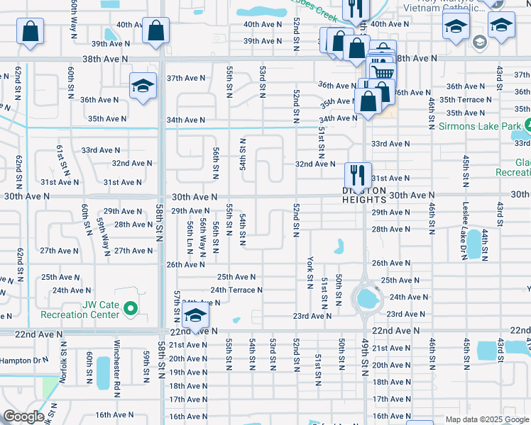 map of restaurants, bars, coffee shops, grocery stores, and more near 2873 52nd Lane North in St. Petersburg