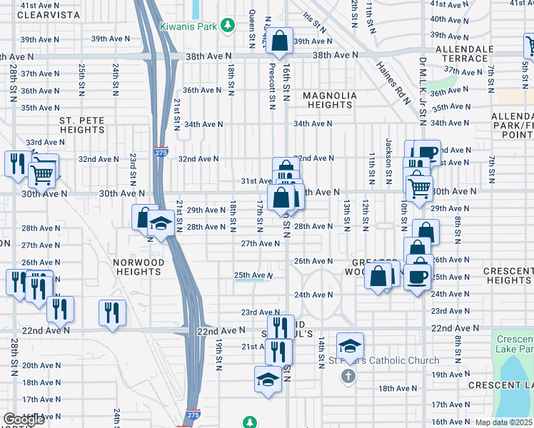 map of restaurants, bars, coffee shops, grocery stores, and more near 1658 29th Avenue North in Saint Petersburg
