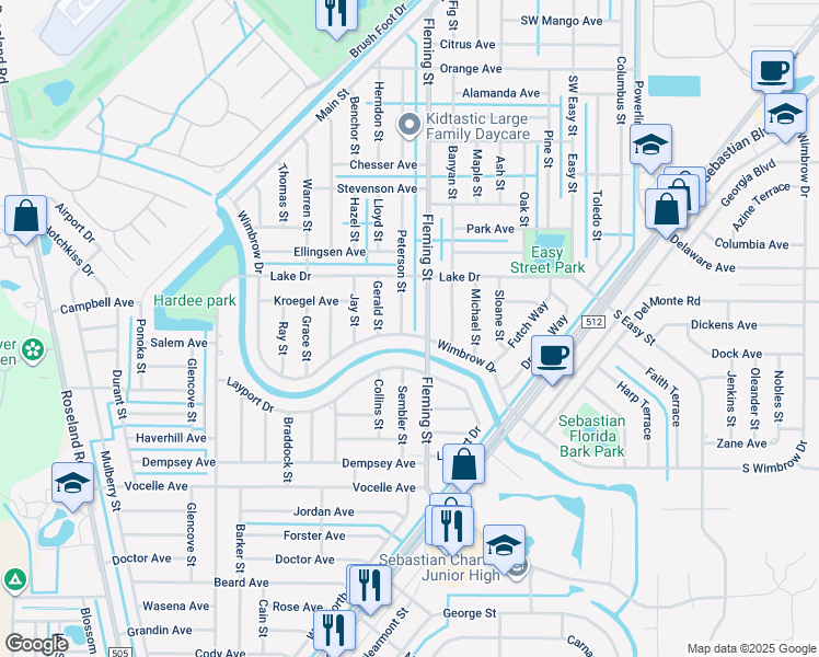 map of restaurants, bars, coffee shops, grocery stores, and more near 597 Peterson Street in Sebastian
