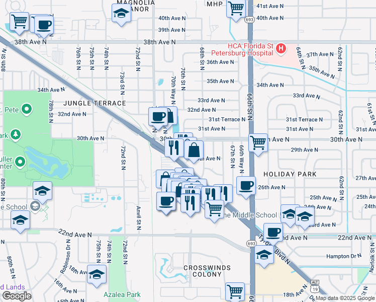 map of restaurants, bars, coffee shops, grocery stores, and more near 6950 29th Terrace North in St. Petersburg
