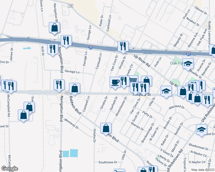 map of restaurants, bars, coffee shops, grocery stores, and more near 721 Omaha Drive in Corpus Christi