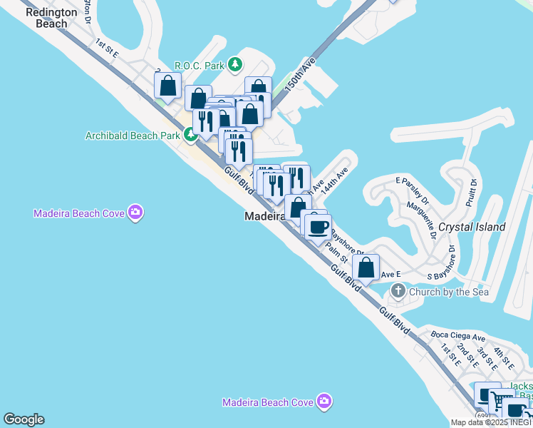map of restaurants, bars, coffee shops, grocery stores, and more near 14600 Gulf Boulevard in Madeira Beach