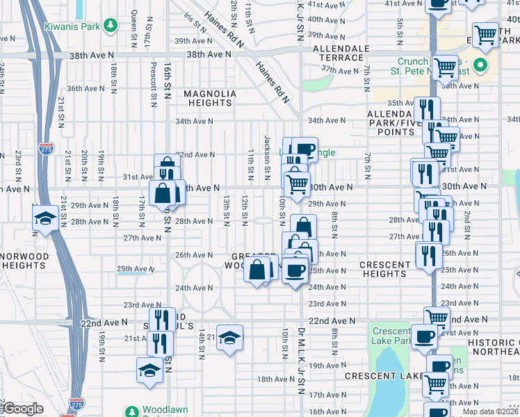 map of restaurants, bars, coffee shops, grocery stores, and more near 2819 12th Street North in St. Petersburg