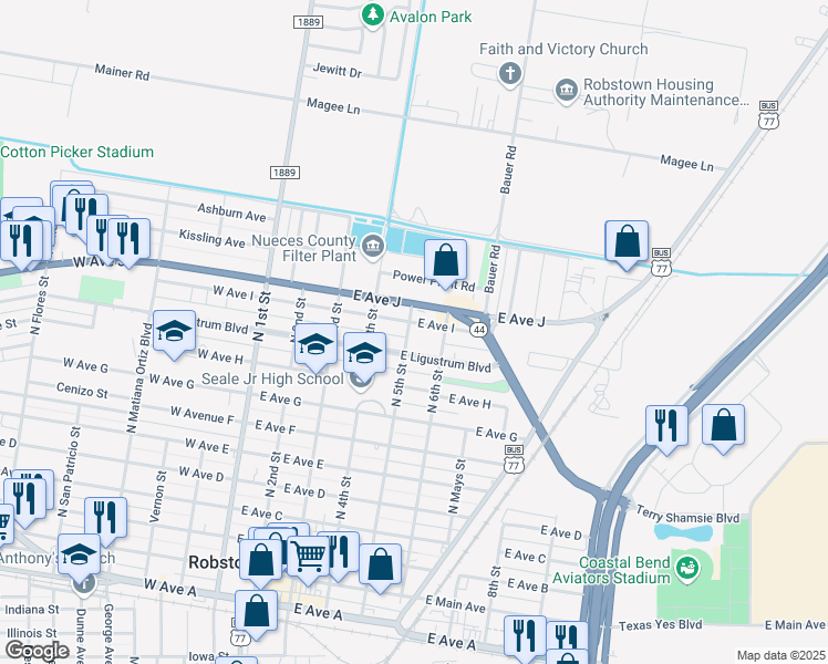 map of restaurants, bars, coffee shops, grocery stores, and more near 500 East Avenue I in Robstown