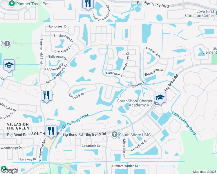 map of restaurants, bars, coffee shops, grocery stores, and more near 13002 Saint Filagree Drive in Riverview