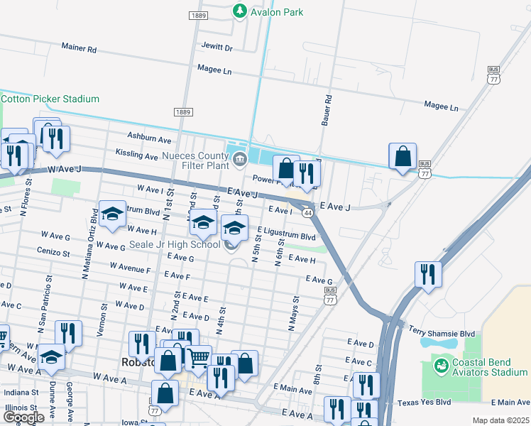map of restaurants, bars, coffee shops, grocery stores, and more near 500 East Avenue I in Robstown