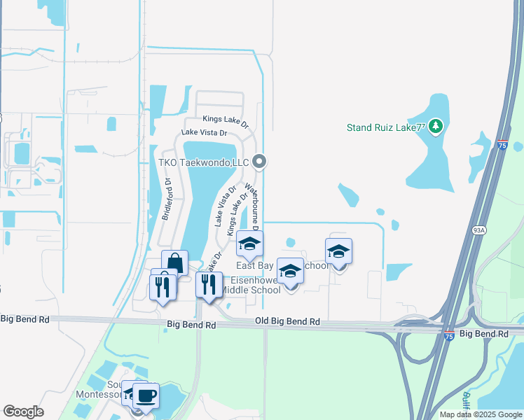 map of restaurants, bars, coffee shops, grocery stores, and more near 13024 Waterbourne Drive in Gibsonton