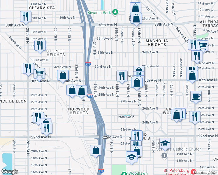 map of restaurants, bars, coffee shops, grocery stores, and more near 1834 29th Avenue North in St. Petersburg