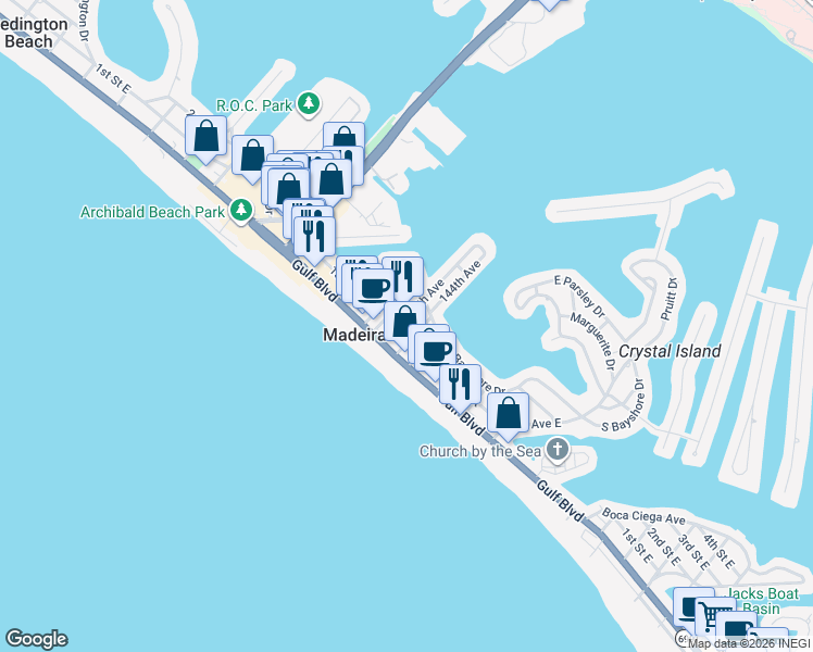 map of restaurants, bars, coffee shops, grocery stores, and more near in Madeira Beach
