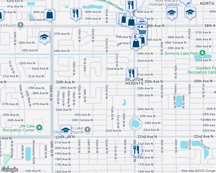 map of restaurants, bars, coffee shops, grocery stores, and more near 5150 29th Avenue North in St. Petersburg