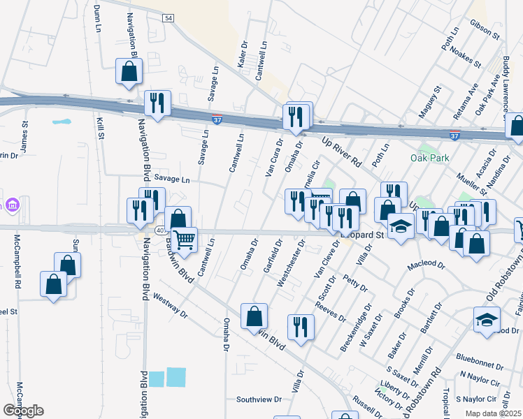 map of restaurants, bars, coffee shops, grocery stores, and more near 721 Omaha Drive in Corpus Christi