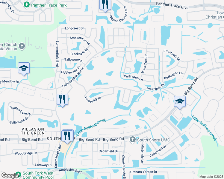 map of restaurants, bars, coffee shops, grocery stores, and more near 12913 Prestwick Drive in Riverview