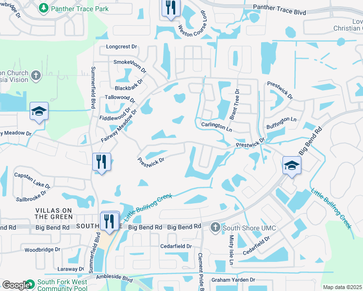 map of restaurants, bars, coffee shops, grocery stores, and more near 13031 Prestwick Drive in Riverview