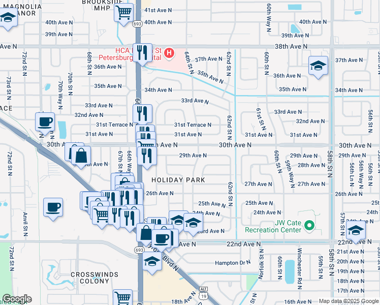 map of restaurants, bars, coffee shops, grocery stores, and more near 6458 29th Avenue North in St. Petersburg