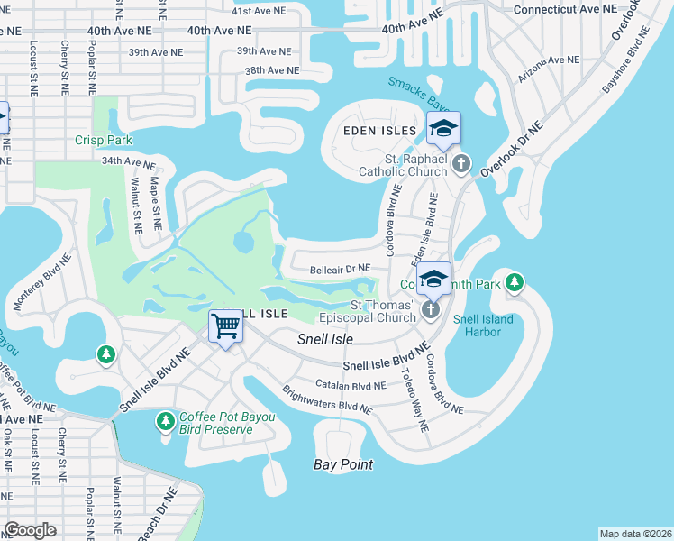 map of restaurants, bars, coffee shops, grocery stores, and more near 332 Belleair Drive Northeast in Saint Petersburg