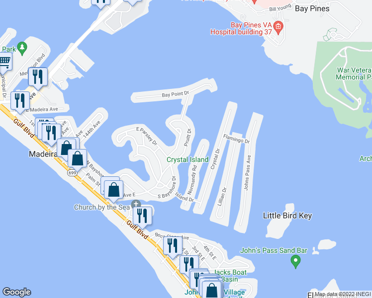 map of restaurants, bars, coffee shops, grocery stores, and more near 718 Pruitt Drive in Madeira Beach