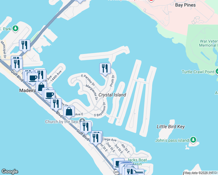 map of restaurants, bars, coffee shops, grocery stores, and more near 713 Pruitt Drive in Madeira Beach