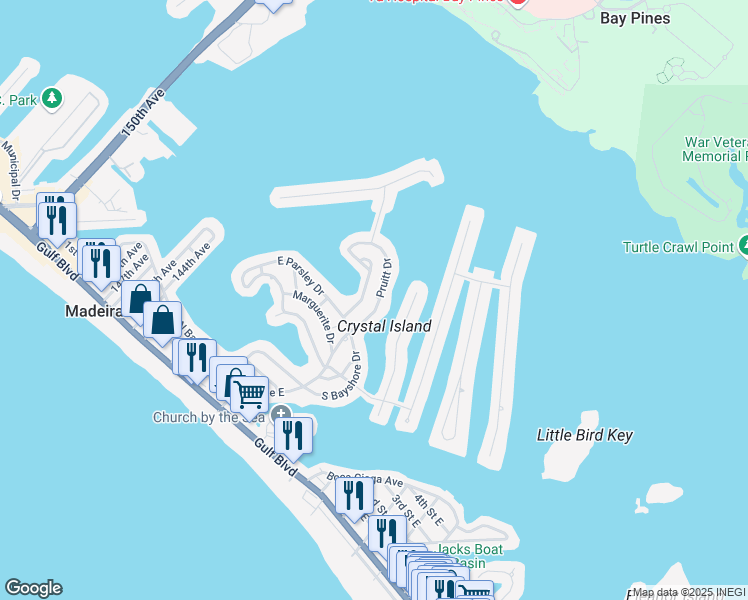 map of restaurants, bars, coffee shops, grocery stores, and more near 713 Pruitt Drive in Madeira Beach