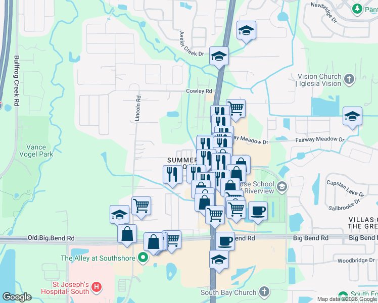 map of restaurants, bars, coffee shops, grocery stores, and more near 10228 Summerview Circle in Riverview