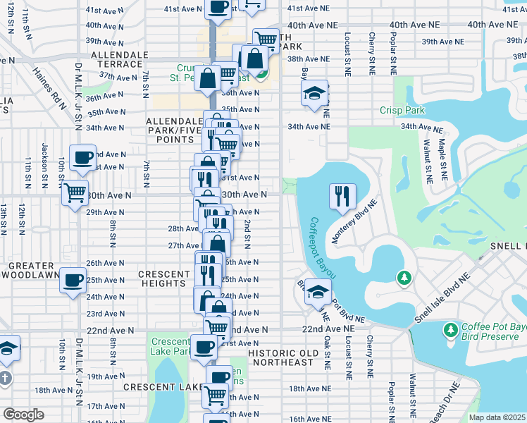 map of restaurants, bars, coffee shops, grocery stores, and more near 121 28th Avenue North in St. Petersburg