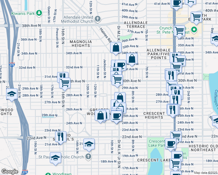 map of restaurants, bars, coffee shops, grocery stores, and more near 2826 10th Street North in St. Petersburg