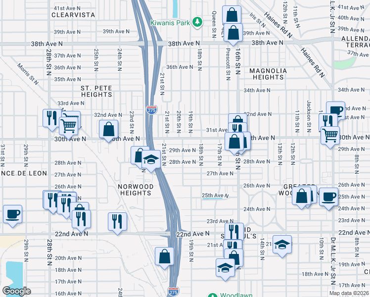 map of restaurants, bars, coffee shops, grocery stores, and more near 1834 29th Avenue North in St. Petersburg
