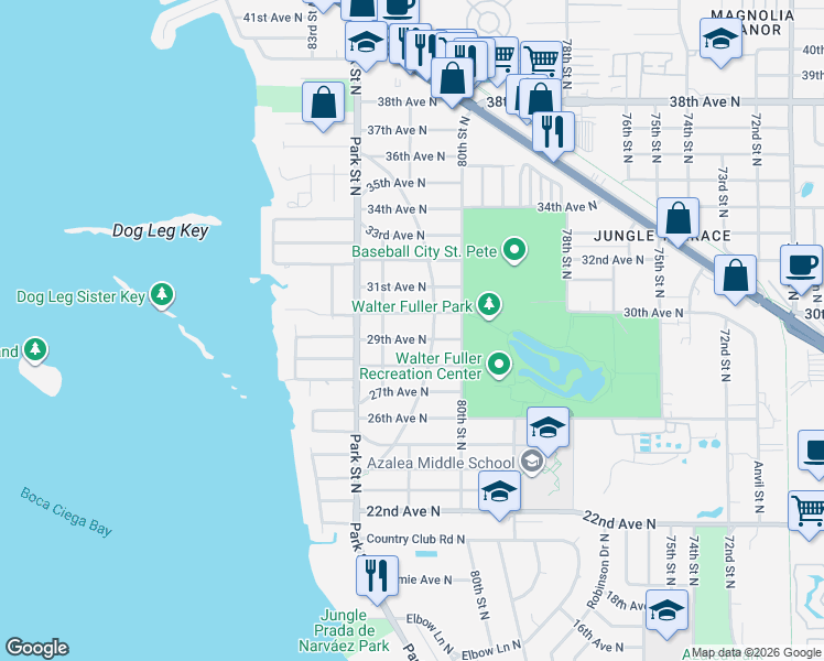 map of restaurants, bars, coffee shops, grocery stores, and more near 8068 29th Avenue North in Saint Petersburg