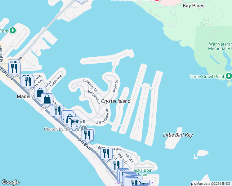 map of restaurants, bars, coffee shops, grocery stores, and more near 718 Pruitt Drive in Madeira Beach